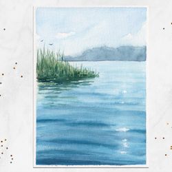 Lake painting Summer waterscape painting Original watercolor painting 5x7"