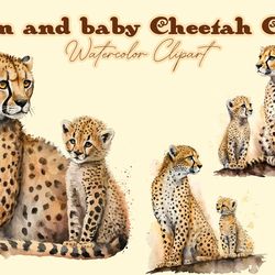 Mom And Baby Cheetah Cub Watercolor Clipart