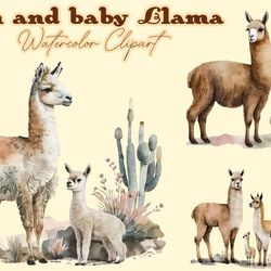 Mom And Baby Llama Watercolor Clipart