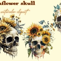 Sunflower Skull Watercolor Clipart