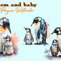 Mom And Baby Penguin Watercolor