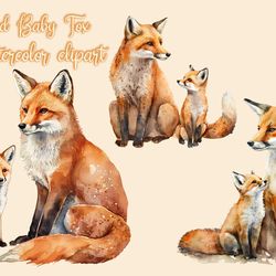 mom and baby fox watercolor clipart
