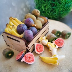 Miniature fruits: banana, kiwi, avocado, fig: barbie dollhouse food