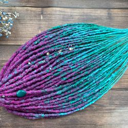 Textured DE dreadlocks full set, ombre purple to blue green DE dreads, dreadlock extension bohemian style 20-22 inch