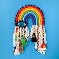 Macrame rainbow wall hanging, Evil eye wall decor, Nazar ornaments, Original gift