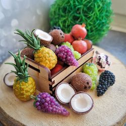Miniature fruits: grapes, coconut, pineapple, pomegranate: barbie dollhouse food - fairy garden farm
