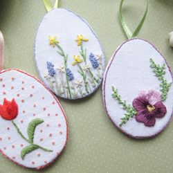 bundle of 3 easter egg ornaments pdf patterns for hand embroidery: red tulip, purple pansy, and spring meadow