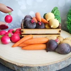 Miniature vegetables: potato, carrot, turnip, radish, beet: barbie dollhouse food - fairy garden farm