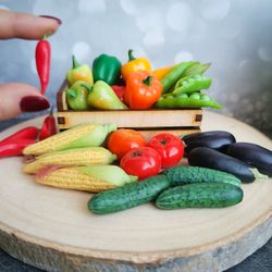 Miniature vegetables: tomato, cucumber, eggplant, pepper, corn, peas: barbie dollhouse food - fairy garden farm
