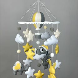 Bear on a cloud baby mobile for a crib. Yellow, beige mobile for a boy or a girl.