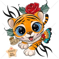 cute cartoon tiger png, clipart, sublimation design, cool, print, clip art, big eyes