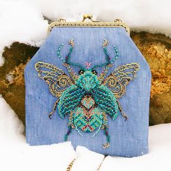 Golden Beetle Embroidery Handmade Denim Mini Bag - Boho Style Jeans Purse