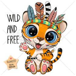 Cute Cartoon Tiger PNG clipart, Wild, Tribal, Sublimation Design, Digital clip art