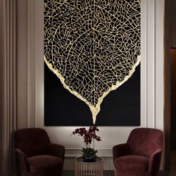 Gold Leaf Abstract, Natural Wood Ingots on Canvas, Large Gold leaf Abstract Painting