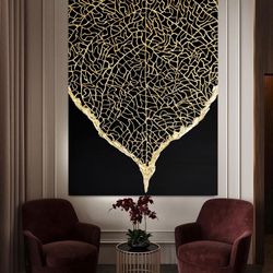 gold leaf abstract, natural wood ingots on canvas, large gold leaf abstract painting