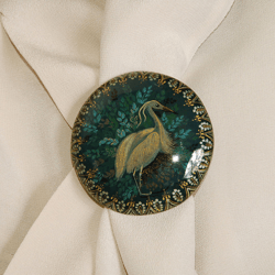 Hand-painted lacquer brooch heron bird vintage miniature art