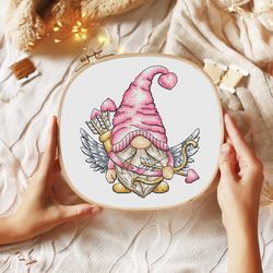 gnome cross stitch pattern, gnome amour cross stitch, pink gnome amour cross stitch pattern, counted cross stitch