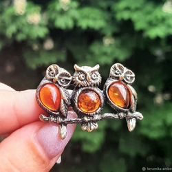 Owls Brooch Amber Brooch Birds Brooch Forest Animals Jewelry Mom Sister Gift Baltic Amber Gold Color Brass Brooch pin