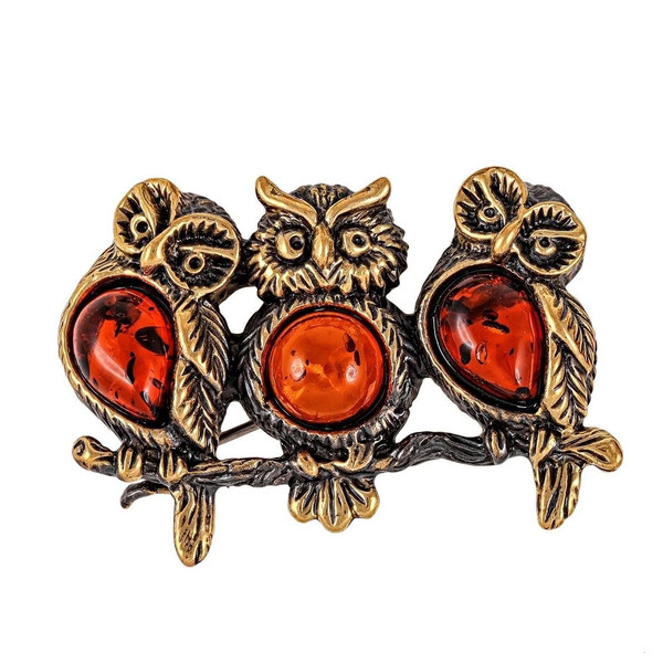 Owls Brooch Amber Brooch Birds Brooch Forest Animal Jewelry Mom Sister Gift Baltic Amber Gold Brass Brooch pin.jpg