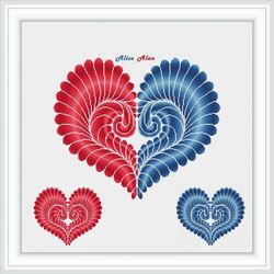 Cross stitch pattern Heart curls floral ornament monochrome red blue valentine day counted crossstitch patterns PDF