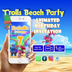 Trolls Beach Party Video Invitation Personalized For you, Animated Invitation, Birthday Invitation, Kids Invitation
