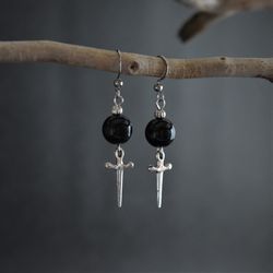 black onyx earrings dagger witchy earrings gemstone sword earrings dark creepy goth jewelry