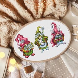 gnome cross stitch pattern, spring gnome cross stitch, flowers cross stitch, rabbit cross stitch, easter cross stitch