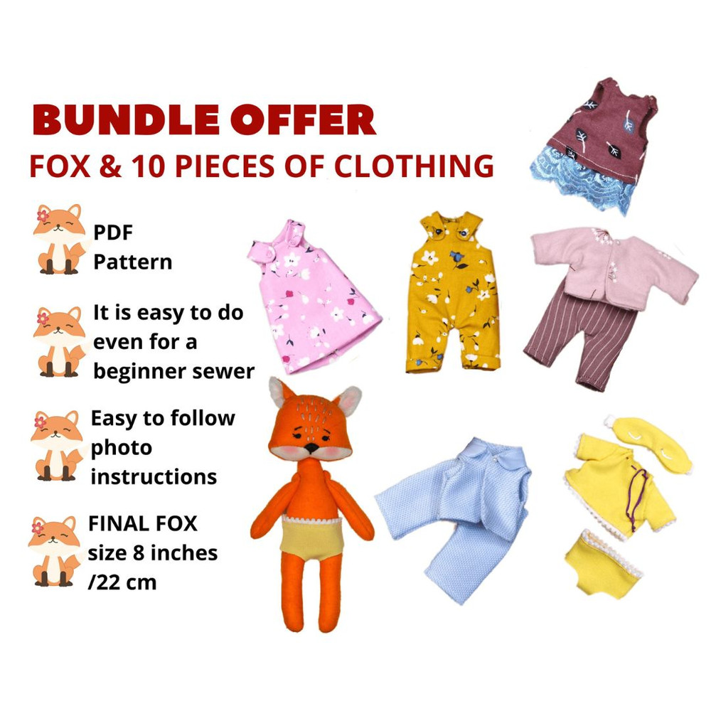 Patterns of a Fox Doll and a set of clothes for her. Bundle offer  / Easy to follow photo instructions