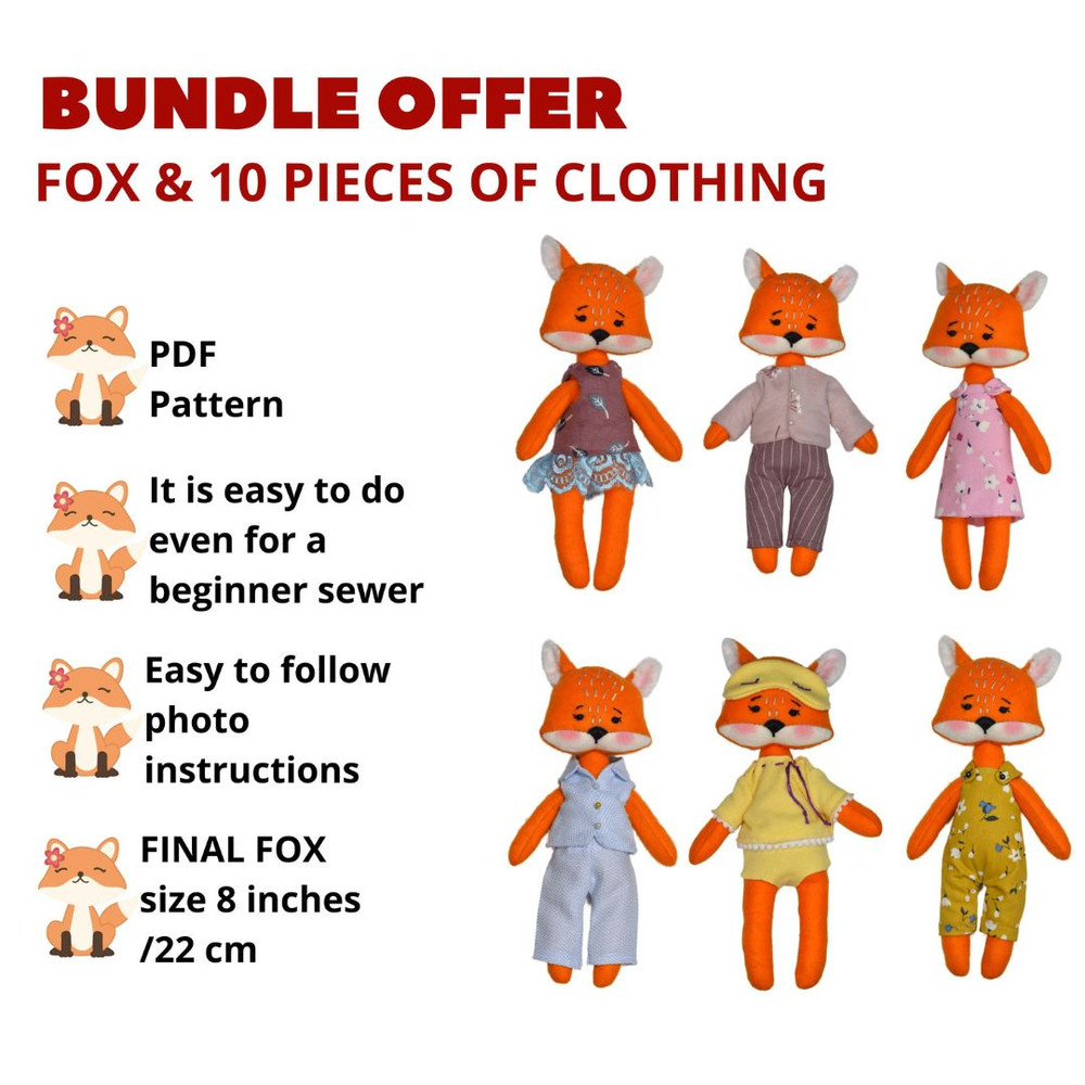 Patterns of a Fox Doll and a set of clothes for her. Bundle offer  / Easy to follow photo instructions
