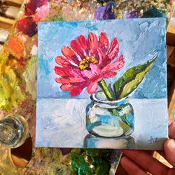 Daisy Painting Red Flower Original Art Floral Oil Painting Still Life with Zinnia by PaintingsDollsByZoe
