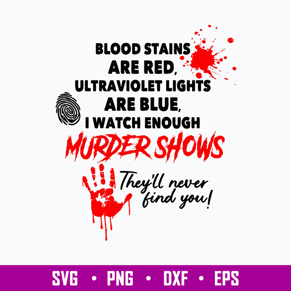 Blood Stains Are Red Svg, Ultraviolet Lights Are Blue Svg, I watch Enough Murder Shows Svg, They’ll Never Find You Svg, Png Dxf Eps File.jpg
