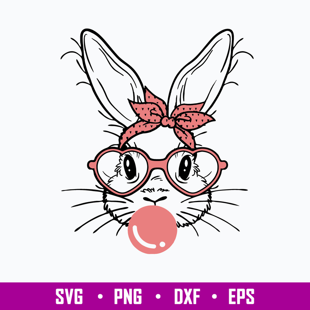 Cute Bunny Rabbit With Bandana Glasses Bubblegum Svg, Rabbit Svg, Png Dxf Eps File.jpg