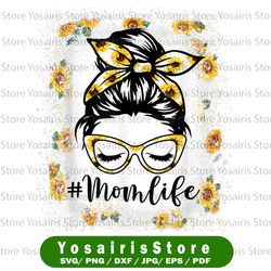 sunflowers bleached mom life hair bun png, mother's day png, mom skull bun hair sunglasses headband png