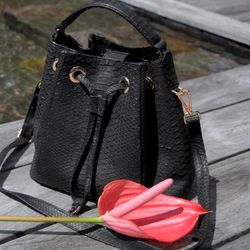 Genuine python skin blac bucket crosshandle bag/ designer women purse | classy elegant rossbody bag | exotic leather bag