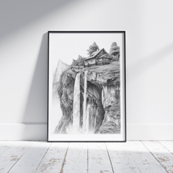 waterfall retreat - downloadable and printable digital painting