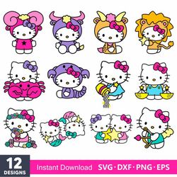 Hello Kitty Vector Cute Cat Zodiac Svg, Cute Cat Zodiac, Kawaii Kitty Svg Bundle, Cute Cat Svg, Kitty Svg- Download File