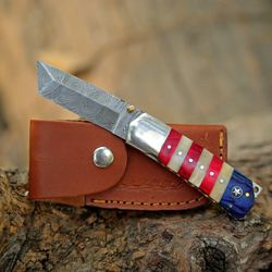 Custom Handmade Damascus Steel American Flag Pocket Folding Knife with leather sheath