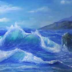 Seascape Oil Painting Blue Wave Original Art Mountains Oil Art Stretched Canvas Baguette Frame Wall Home Decor