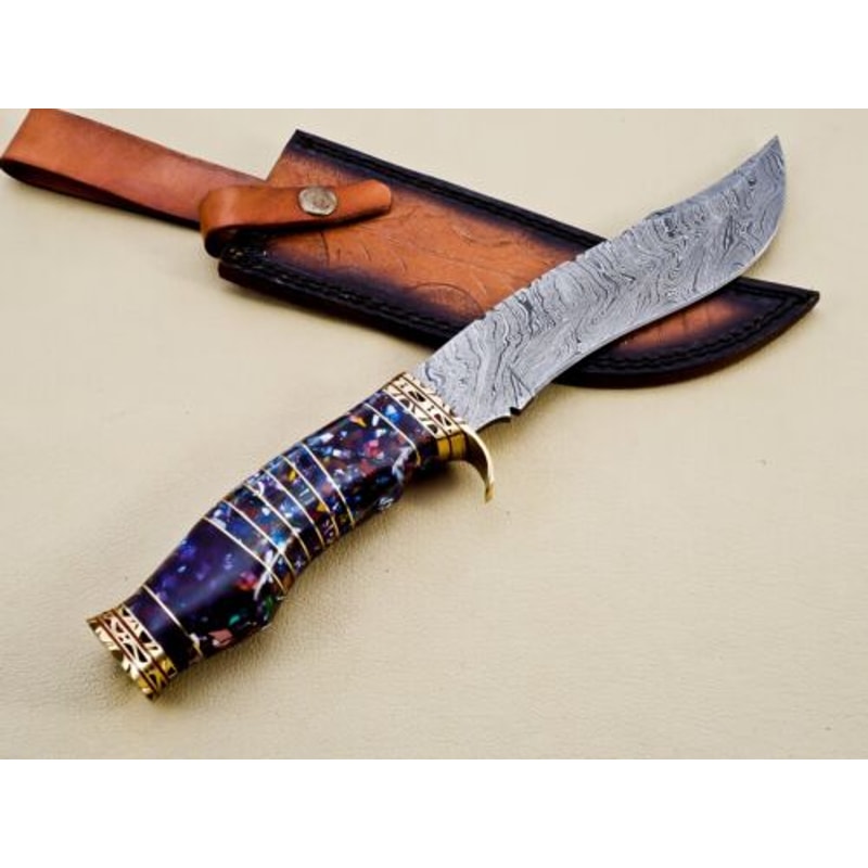 Unique Handmade Damascus Steel Hunting Bowie Knife with Resin and Brass Handle - Great Gift for Him (4).jpg