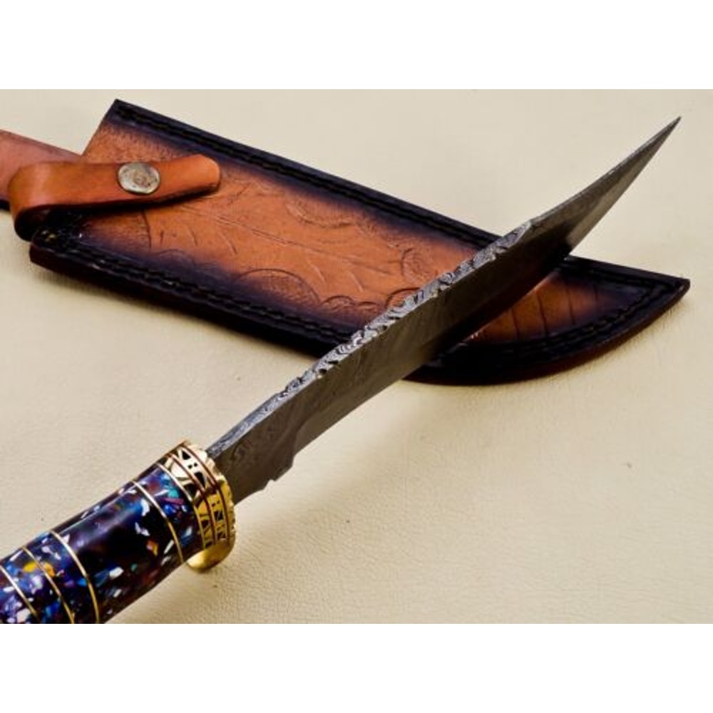 Unique Handmade Damascus Steel Hunting Bowie Knife with Resin and Brass Handle - Great Gift for Him (5).jpg