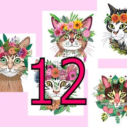 scrapbooking card set, pocket card - vintage cats with flowers -4