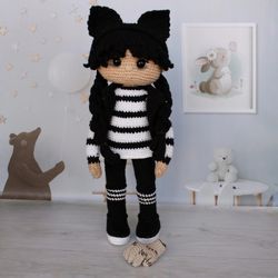 Wednesday Addams doll, Knitted Wednesday Doll, Wednesday toy
