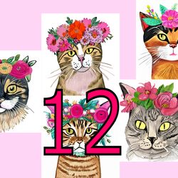 scrapbooking card set, pocket card - vintage cats with flowers -7
