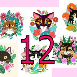 scrapbooking card set, pocket card - vintage cats with flowers -11