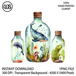 ocean animals clipart. ocean animals sublimation clip art. ocean bottle clipart. hand drawn graphics. digital download.
