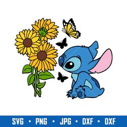stitch with sunflower svg, stitch holding a sunflower svg, daily freebies svg, cartoon svg, png dxf eps digital file