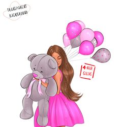 Birthday Girl with Bear and Balloons planner clipart, fashion clipart, pink illustration