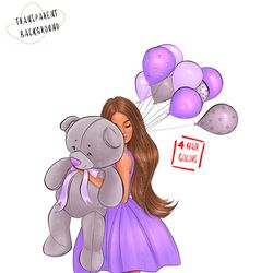 Fashion Birthday Girl with Bear Clipart, baloons clipart, planner clipart, fashion girl clipart, purple clipart