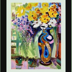 vase oil painting abstract original art flower original artwork floral painting sunflower impasto textured by fusionartc
