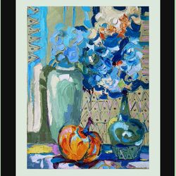 vase oil painting abstract original art flower original artwork floral painting pumpkin impasto textured by fusionartc